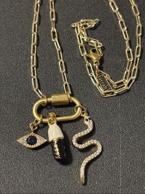 Carabiner Charm Necklace By Farah‎ B.  Happy Pill,Rhinestone Snake & Eye Charms